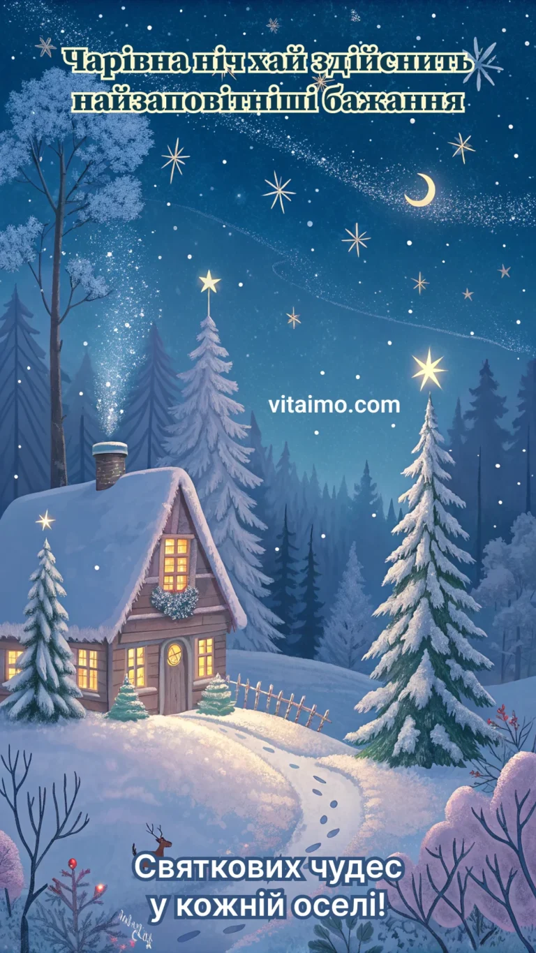 Казкова листівка «З Новим роком» із зимовим будиночком