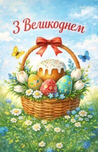 Листівка з Великоднем із кошиком, паскою та писанками на весняному фоні.