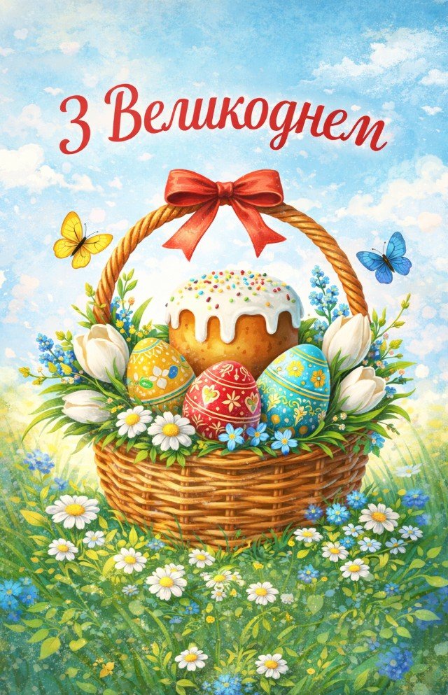 Листівка «З Великоднем — святковий кошик із писанками»