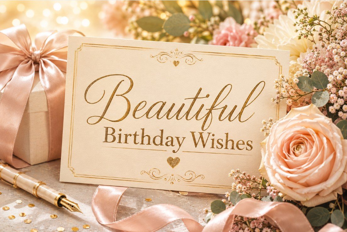 Beautiful Birthday Wishes card with elegant flowers, blush ribbon, golden lettering, and a wrapped gift