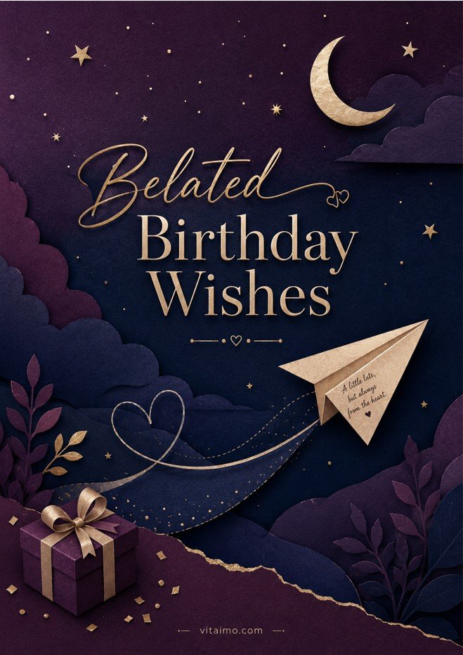 Belated Birthday Wishes card with a paper plane and heartfelt late birthday message