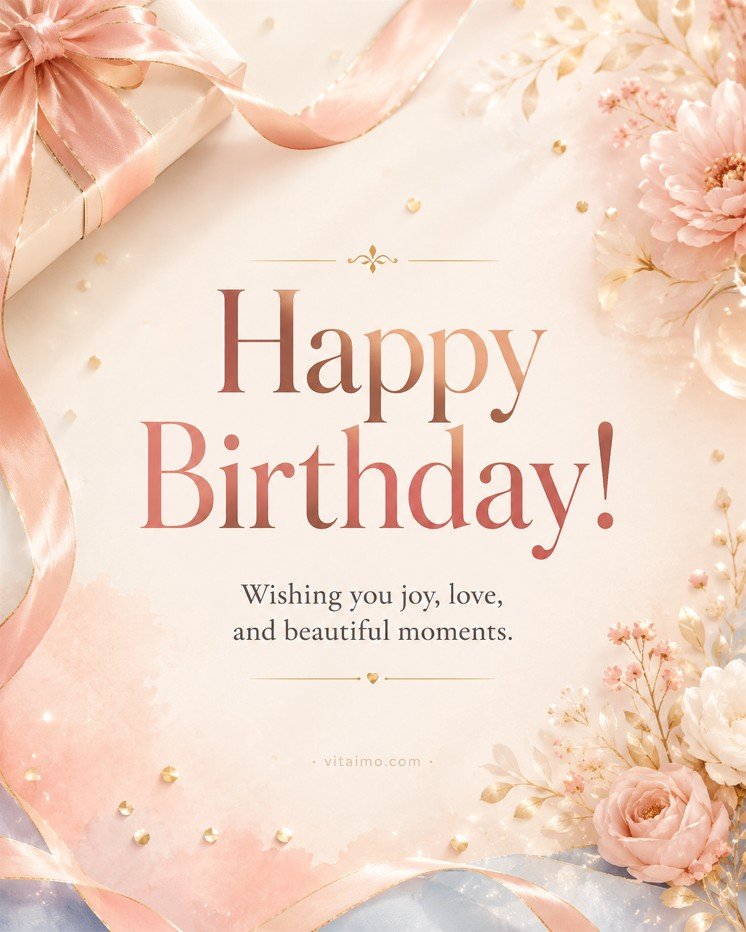 Elegant happy birthday card with pastel flowers, gift ribbon, and warm birthday message