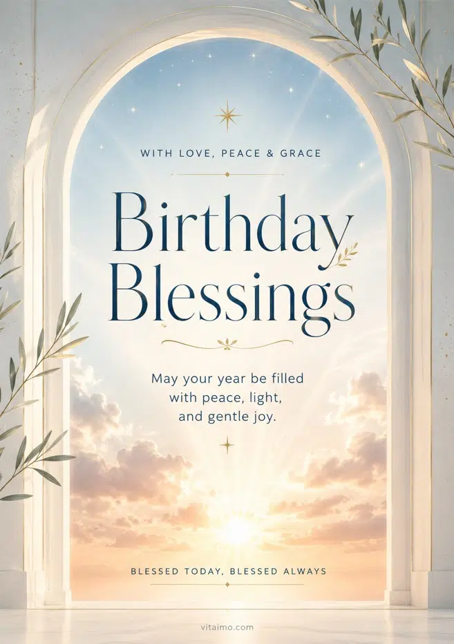 Birthday blessings card with a peaceful message of love, grace, light, and gentle joy.
