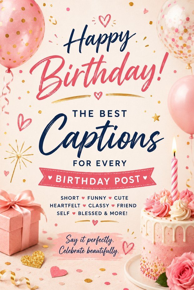 Birthday captions card with fun caption ideas for birthday posts, photos, stories, and social media.
