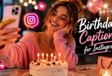 Birthday captions for Instagram with smartphone post, cake, balloons and social media icons