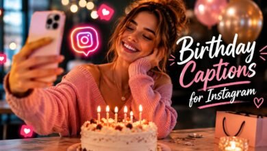 Birthday captions for Instagram with smartphone post, cake, balloons and social media icons