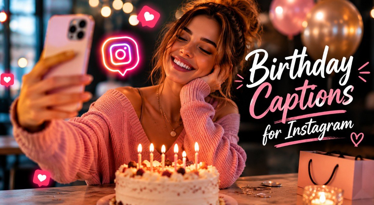 Birthday captions for Instagram with smartphone post, cake, balloons and social media icons