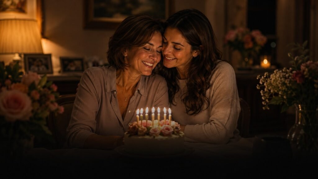Mother and daughter celebrating mom’s birthday with cake