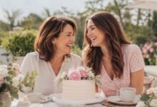 Mother and daughter laughing at a sunny birthday brunch