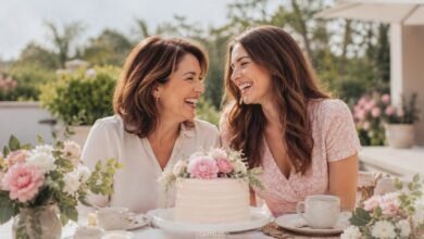 Birthday Captions for Mom That Feel Personal 2 Mother and daughter laughing at a sunny birthday brunch