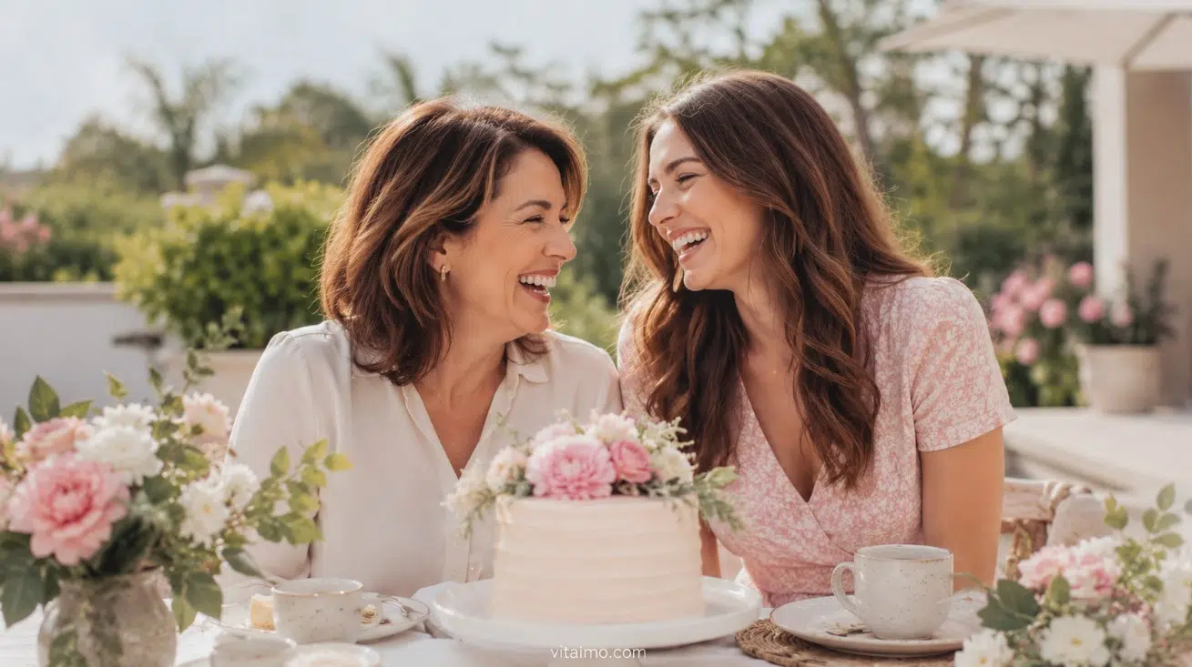 Mother and daughter laughing at a sunny birthday brunch