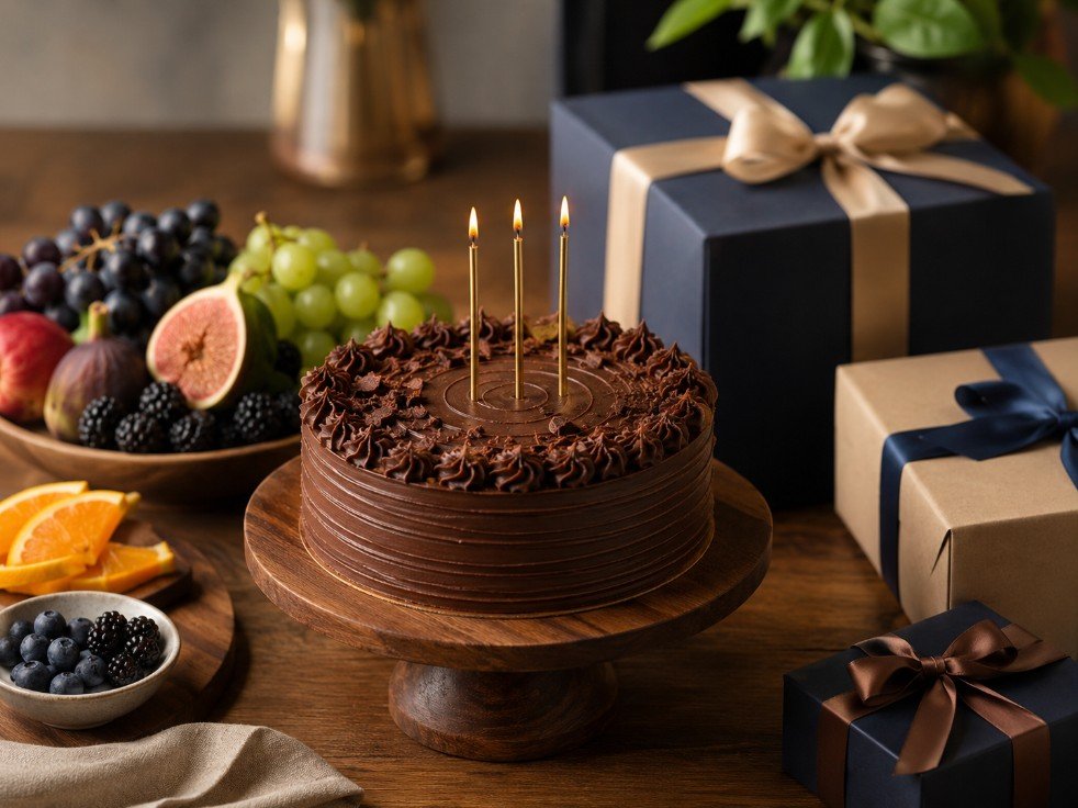 Birthday cake with fruits and gifts for dad