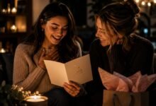 Two friends reading a birthday card in a cozy evening setting