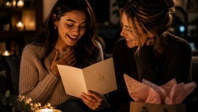 Two friends reading a birthday card in a cozy evening setting