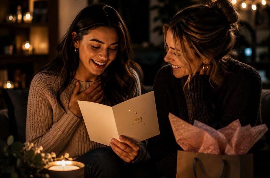 Two friends reading a birthday card in a cozy evening setting