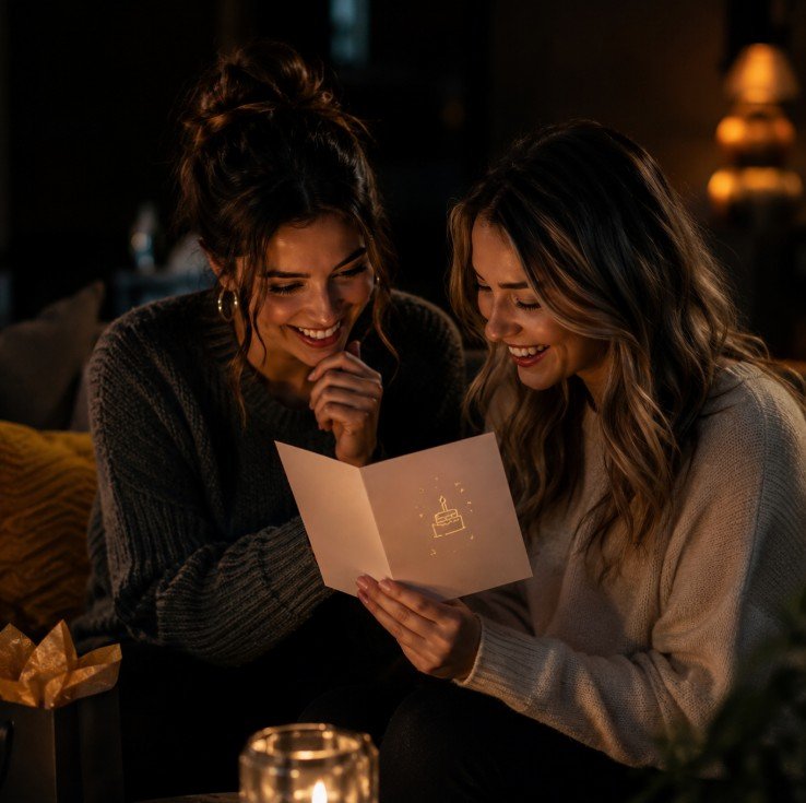 Two friends reading a birthday card in a dark cozy room