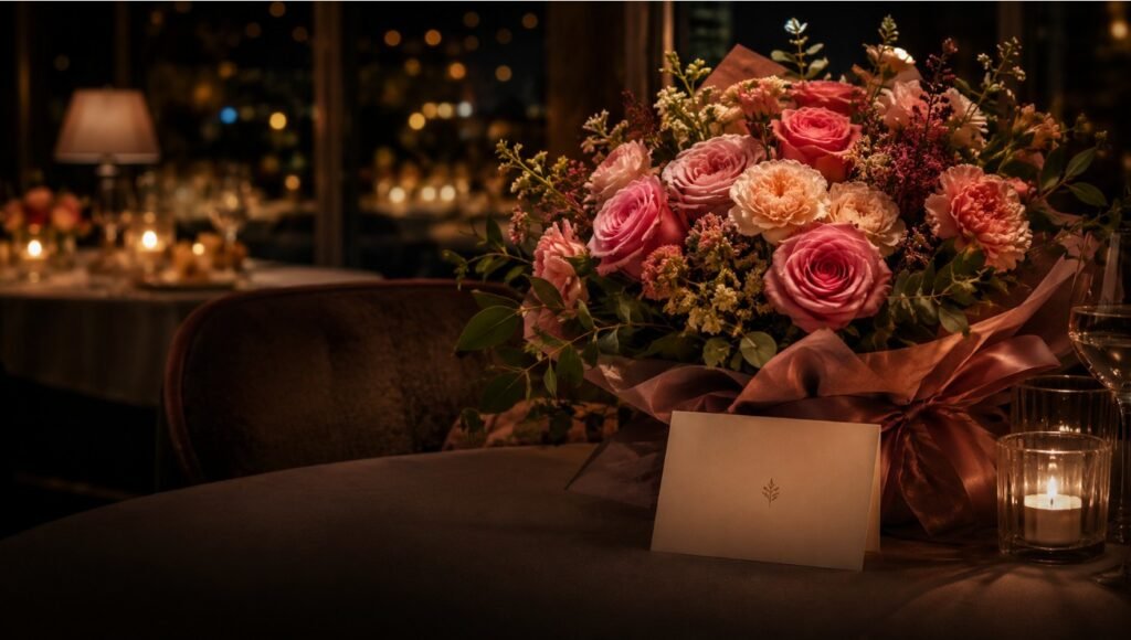 Elegant bouquet and birthday card for mom in a cozy restaurant setting