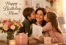 Children kissing mom and giving her a birthday card at home