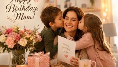 Birthday Card Message Ideas for Mom 7 Children kissing mom and giving her a birthday card at home