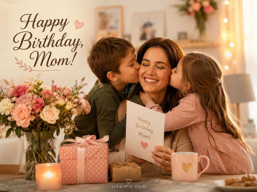 Children kissing mom and giving her a birthday card at home