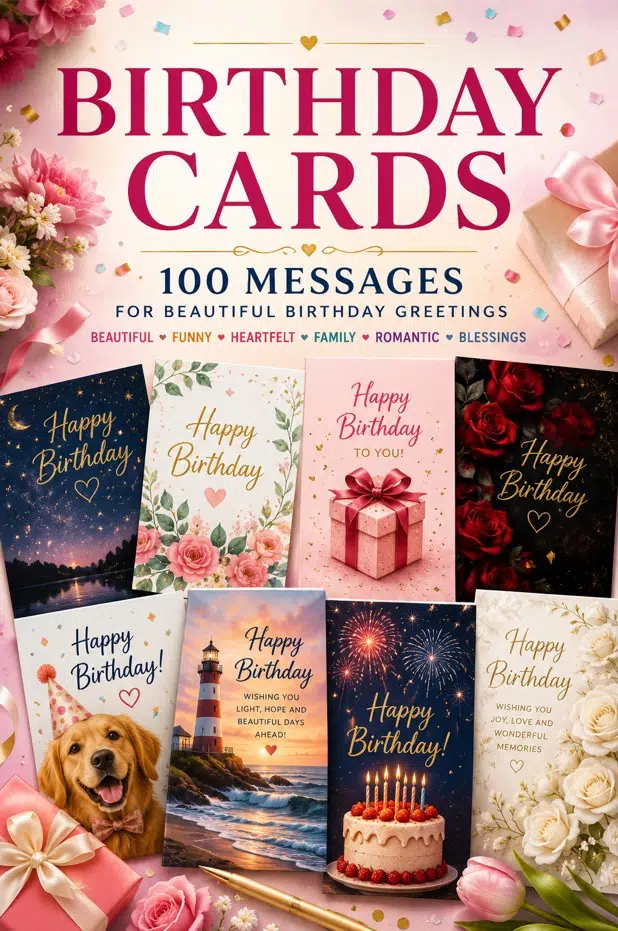 Birthday Cards cover with colorful birthday card designs, flowers, gifts, confetti, and 100 messages theme