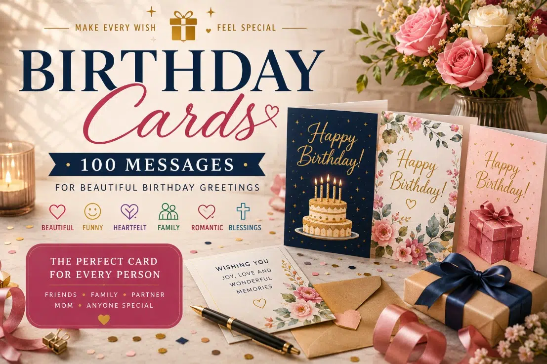 Birthday Cards cover with greeting cards, flowers, gifts, candles, and 100 birthday messages theme