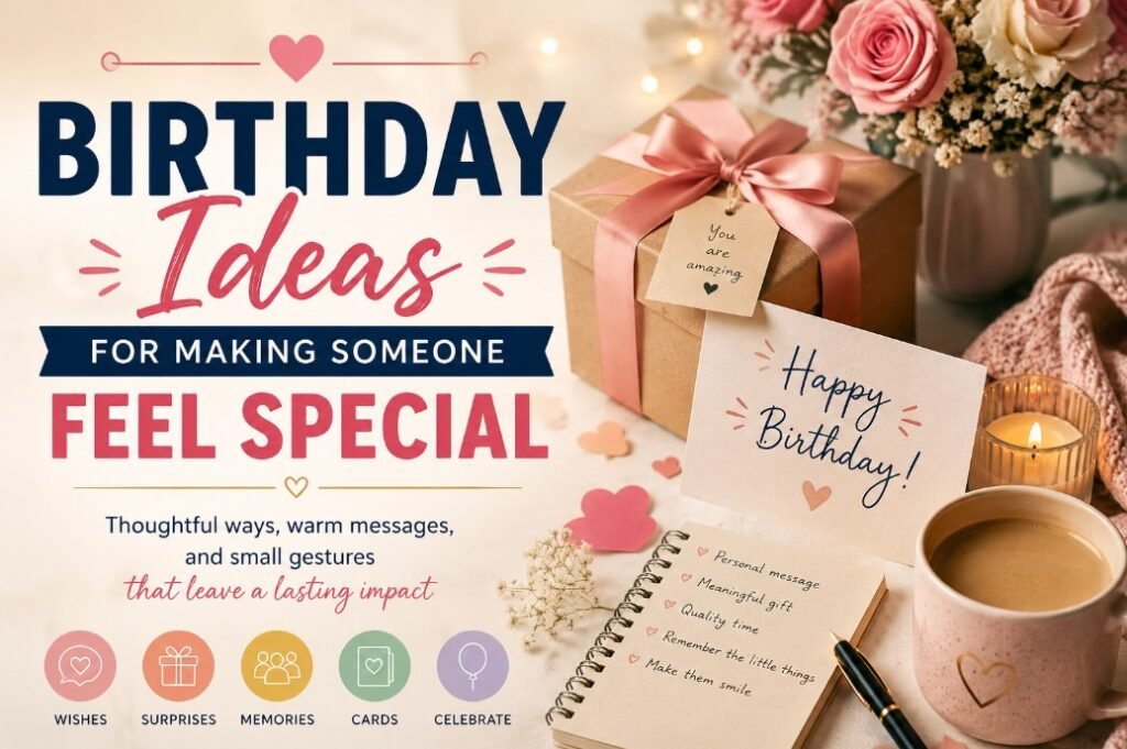 Birthday ideas for making someone feel special with a gift, flowers, birthday card, candle, coffee, and handwritten message