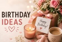 Birthday ideas cover with gift, flowers, candle, coffee, and happy birthday card