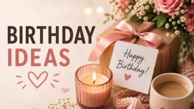 Birthday ideas cover with gift, flowers, candle, coffee, and happy birthday card