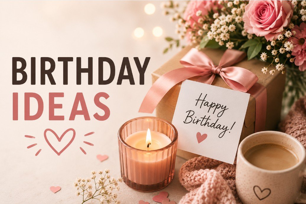Birthday ideas cover with gift, flowers, candle, coffee, and happy birthday card
