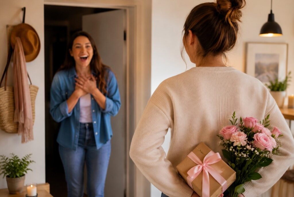 Thoughtful Birthday Ideas to Make Someone Feel Truly Special 2 Friend surprising someone with flowers and a gift for a special birthday moment