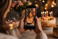 Birthday image idea for social media with phone and candles