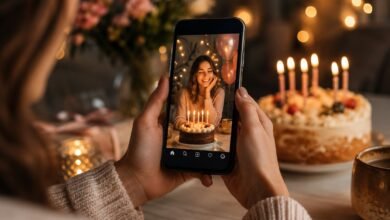 Birthday image idea for social media with phone and candles