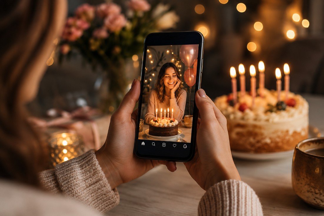 Birthday image idea for social media with phone and candles