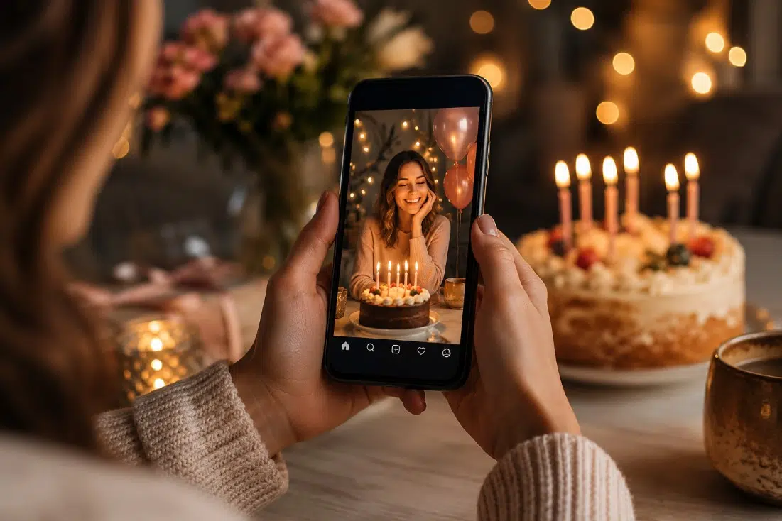 Birthday image idea for social media with phone and candles