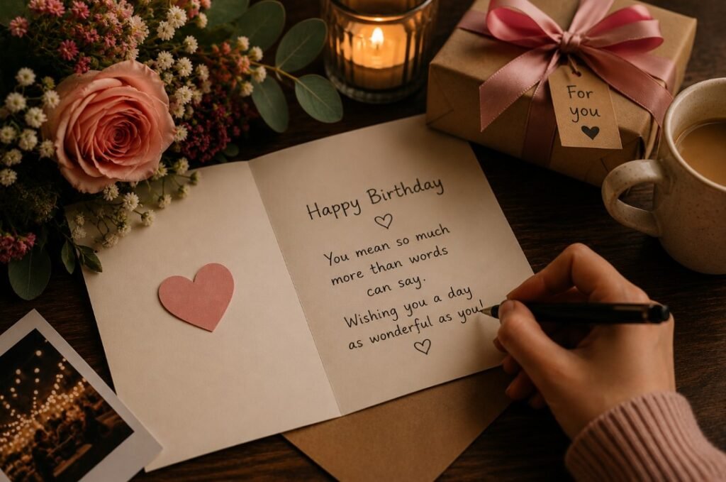 Handwritten birthday card with flowers, gift, and warm candlelight