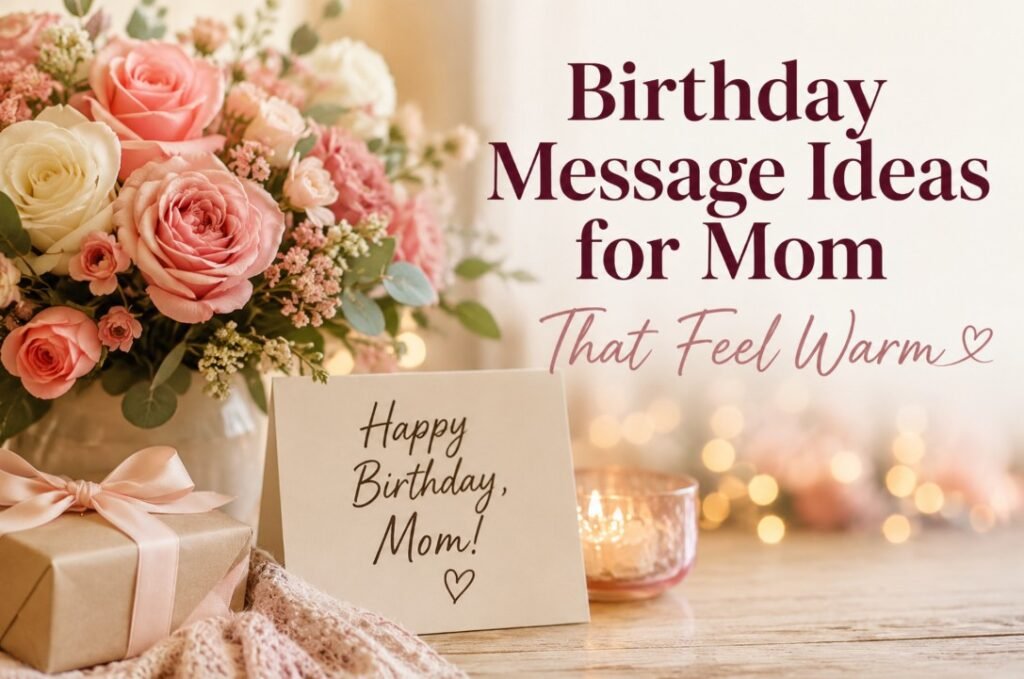 Warm birthday message ideas for mom with roses, gift, candlelight and greeting card