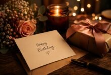 Birthday card with gift, flowers, and candle in a warm evening setting