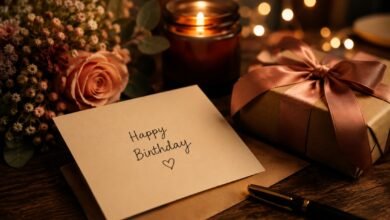 Birthday Message Ideas for Someone Special 10 Birthday card with gift, flowers, and candle in a warm evening setting