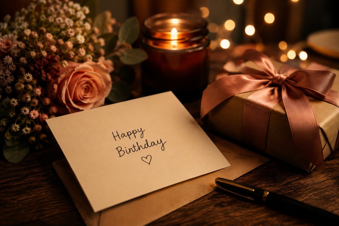 Birthday card with gift, flowers, and candle in a warm evening setting