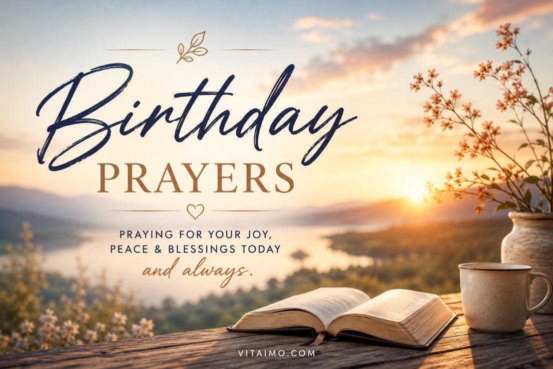 Birthday prayers cover with a peaceful prayer message for joy, peace, and blessings.