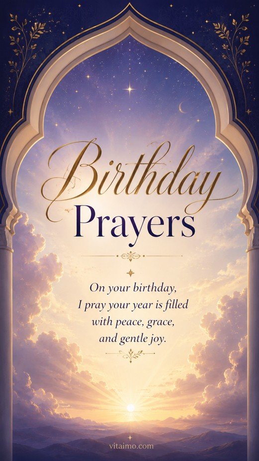 Birthday prayers card with a peaceful prayer for grace, joy, and blessings in the year ahead.