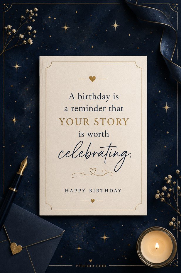 Birthday Quotes card with an elegant birthday saying about celebrating your story