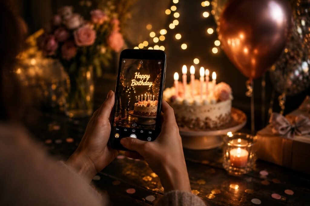 Birthday social media photo with phone and candlelit cake