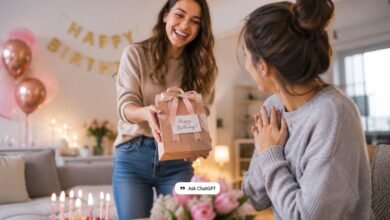Friend giving a birthday gift during a warm surprise celebration at home