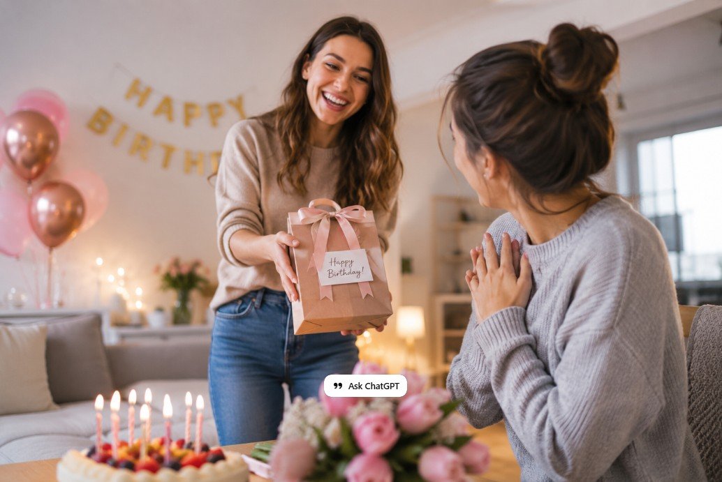 Friend giving a birthday gift during a warm surprise celebration at home