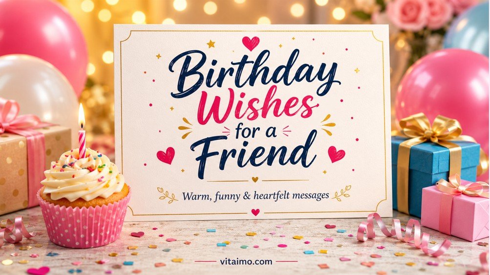 Birthday wishes for a friend with a festive card, cupcake, balloons and gifts