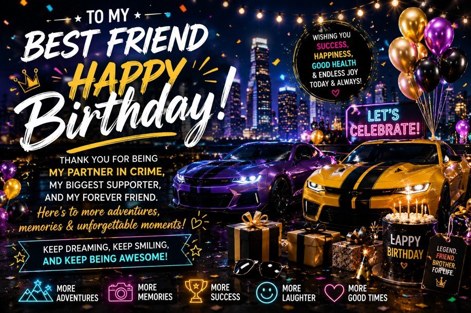 Birthday wishes for best friend card with neon city lights, sports cars, balloons, gifts, confetti, and a fun celebration message.