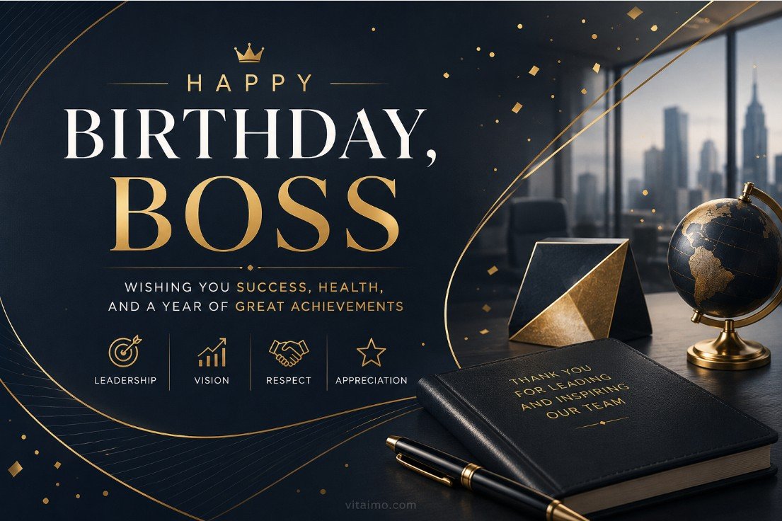Birthday wishes for boss cover with a professional navy and gold design for a manager or team leader