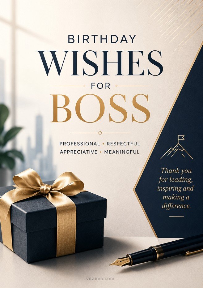 Birthday wishes for boss card with a professional navy and gold design for a manager or team leader